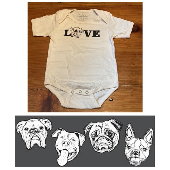 NWOT! SMALL RUMBLE 12-18M English Bulldog Screen Printed Body Suit SS Unisex - Picture 1 of 12